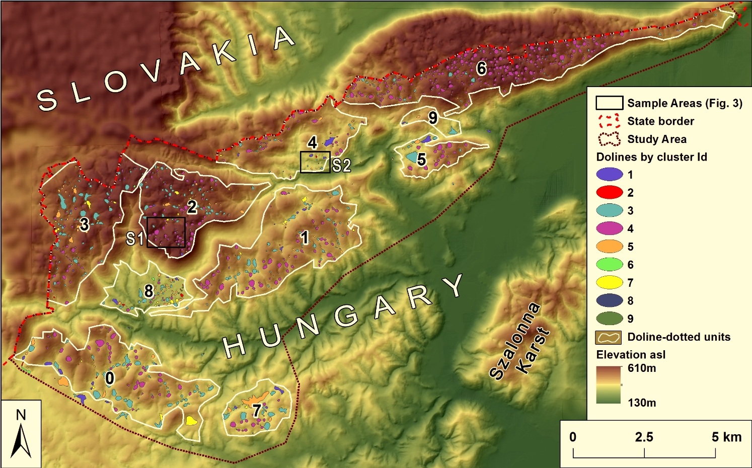 LIDAR alapján lehatárolt töbrök elhelyezkedése az Aggteleki-karszton (Telbisz, T., Látos, T., Deák, M., Székely, B., Koma, Z., & Standovár, T. (2016). The Advantage of Lidar Digital Terrain Models in Doline Morphometry Compared to Topographic Map Based Datasets - Aggtelek Karst (Hungary) as an Example. Acta Carsologica, 45(1), 5-18.)