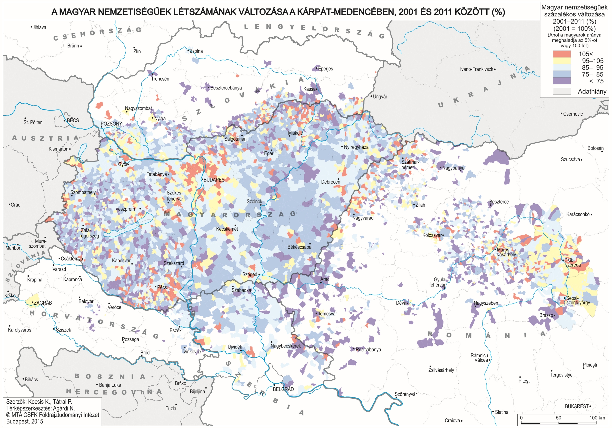 A magyar nemzetiségűek létszámának változása a Kárpát-medencében 2001 és 2011 között